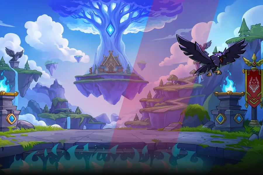 Ragnarok Rush world: floating islands, the glowing world tree and a raven in flight