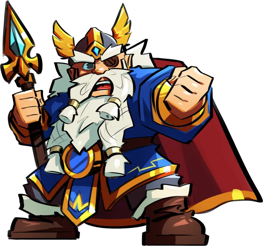 Ragnarok Rush character art: a bearded warrior king in a winged helmet and red cape, holding a spear